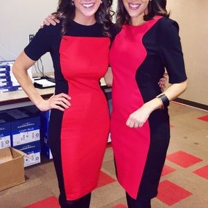 Red and black body con dress.